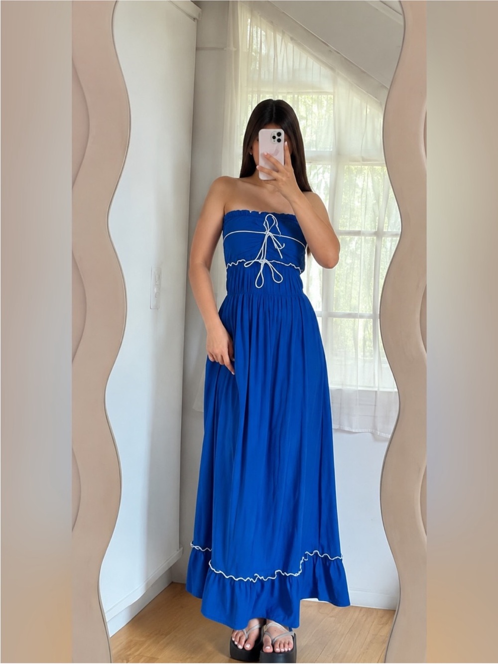 Thirty Thirty Blue Ruched Tie-Front Maxi Dress – Size Small – NWT